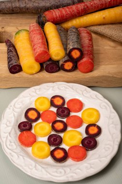 Renkli taze çiğ mor, sarı, kırmızı ve mor turuncu havuç Hollanda 'daki seradan sebze kökü, sağlıklı besin maddeleri.