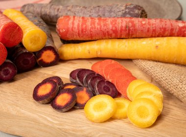 Renkli taze çiğ mor, sarı, kırmızı ve mor turuncu havuç Hollanda 'daki seradan sebze kökü, sağlıklı besin maddeleri.