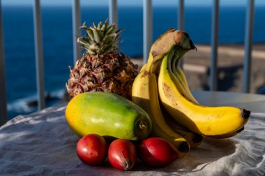 İspanya 'da çevre tarımı, Tenerife adası ve mavi deniz manzaralı tropikal organik sarı Kanarya muzları, ananas, papaya ve tamarillo meyveleri, Kanarya adaları