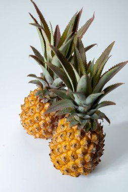İki taze olgun Fransız ananası ya da Mauritius 'tan gelen tatlı bebek ananasları. Beyaz arka planda.