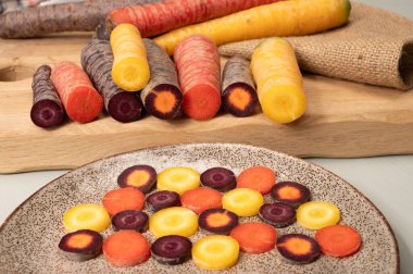 Renkli taze çiğ mor, sarı, kırmızı ve mor turuncu havuç Hollanda 'daki seradan sebze kökü, sağlıklı besin maddeleri.