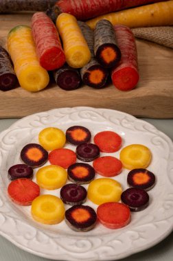 Renkli taze çiğ mor, sarı, kırmızı ve mor turuncu havuç Hollanda 'daki seradan sebze kökü, sağlıklı besin maddeleri.