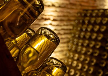 Derin ve uzun yeraltı mağaralarındaki raflarda şişeler şarap ve siyah üzümlerden şampanya yapıyor Reims, Champagne, Fransa 'da