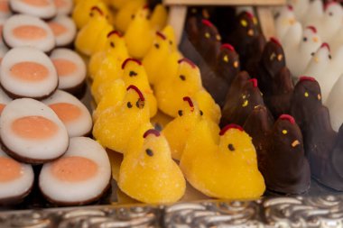 Avusturya 'nın Viyana kentindeki eski geleneksel şekerci dükkanında çeşitli Paskalya temalı şekerlemeler, marmelatlı tavuklar, çikolatalar ve yumurtalar sergileniyor.