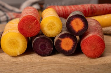 Renkli taze çiğ mor, sarı, kırmızı ve mor turuncu havuç Hollanda 'daki seradan sebze kökü, sağlıklı besin maddeleri.