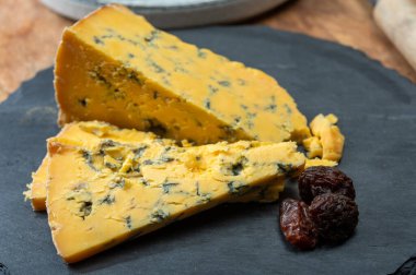 Peynir koleksiyonu, İngiliz ineği sütü yarı yumuşak, parçalanmış mavi ayaklık ve mavi sarı shropshire peyniri yakın, peynir tatma çiftliği