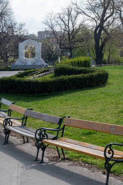 Şehir parkında yürümek ve baharda Viyana 'da bahçeler, güzel binaları ve caddeleri olan şehir merkezi, şehir manzarası, ilkbaharda Avusturya başkenti, ağaçlar ve çiçekler.