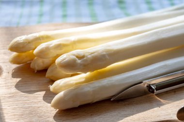 Hollandalı çiftçiler yüksek kaliteli ürünler, yıkanmış ve soyulmuş taze beyaz kuşkonmaz, mevsimlik vejetaryen gıdalar, gün ışığında