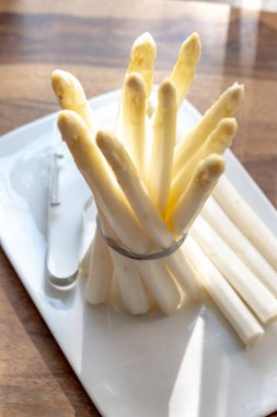 Hollandalı çiftçiler yüksek kaliteli ürünler, yıkanmış ve soyulmuş taze beyaz kuşkonmaz, mevsimlik vejetaryen gıdalar, gün ışığında