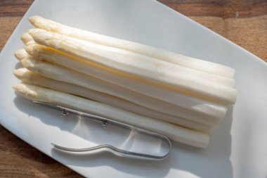 Hollandalı çiftçiler yüksek kaliteli ürünler, yıkanmış ve soyulmuş taze beyaz kuşkonmaz, mevsimlik vejetaryen gıdalar, gün ışığında