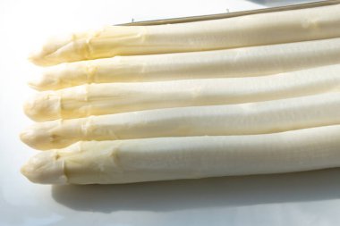 Hollandalı çiftçiler yüksek kaliteli ürünler, yıkanmış ve soyulmuş taze beyaz kuşkonmaz, mevsimlik vejetaryen gıdalar, gün ışığında