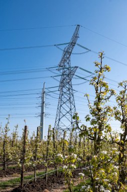 Yüksek voltaj hatları ve elektrik kuleleri Zeeland 'deki nükleer enerji santralinden güç transferi Hollanda' daki elektrik üretimi