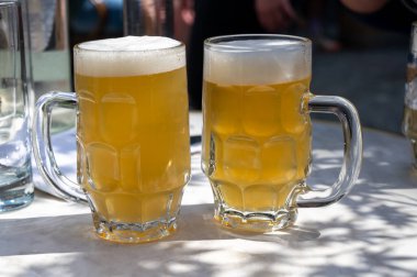 Belçika birası özel bardaklarda servis edilir Bruges 'deki eski bira fabrikasında, açık ya da koyu, lezzetli içecek, birayla öğle yemeği, turizm merkezi, Flanders, Belçika