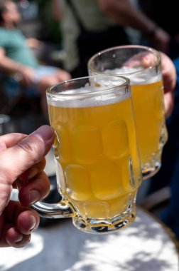 Belçika birası özel bardaklarda servis edilir Bruges 'deki eski bira fabrikasında, açık ya da koyu, lezzetli içecek, birayla öğle yemeği, turizm merkezi, Flanders, Belçika