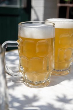 Belçika birası özel bardaklarda servis edilir Bruges 'deki eski bira fabrikasında, açık ya da koyu, lezzetli içecek, birayla öğle yemeği, turizm merkezi, Flanders, Belçika