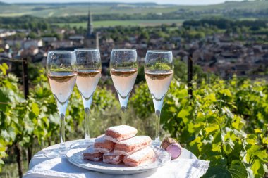 Beyaz ve gül tadım şarap brut, büyük rezerv, yeşil tepe üzüm bağlarında şampanya ve Vallee de la Marne 'da köy yapan eski şarap manzarası, şampanya, Fransa