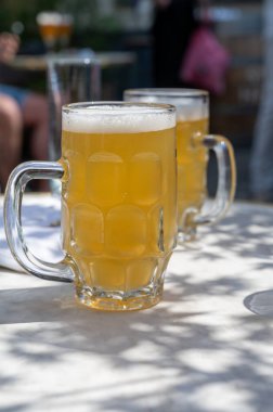 Belçika birası özel bardaklarda servis edilir Bruges 'deki eski bira fabrikasında, açık ya da koyu, lezzetli içecek, birayla öğle yemeği, turizm merkezi, Flanders, Belçika