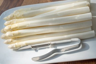 Hollandalı çiftçiler yüksek kaliteli ürünler, yıkanmış ve soyulmuş taze beyaz kuşkonmaz, mevsimlik vejetaryen gıdalar, gün ışığında