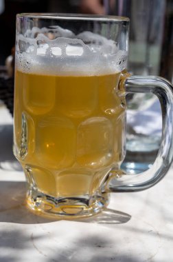 Belçika birası, Bruges 'deki eski bira fabrikasında, açık ya da koyu, lezzetli bir içecek, birayla öğle yemeği, turizm merkezi, Flanders, Belçika