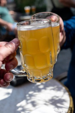 Belçika birası özel bardaklarda servis edilir Bruges 'deki eski bira fabrikasında, açık ya da koyu, lezzetli içecek, birayla öğle yemeği, turizm merkezi, Flanders, Belçika