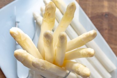 Hollandalı çiftçiler yüksek kaliteli ürünler, yıkanmış ve soyulmuş taze beyaz kuşkonmaz, mevsimlik vejetaryen gıdalar, gün ışığında