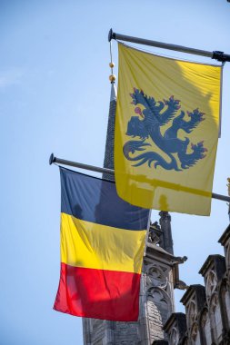 Belçika ulusal bayrağı ve Flanders 'ın sarı bayrağı Bruges, Belçika, mavi gökyüzünde rüzgarda dalgalanıyor