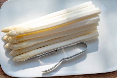 Hollandalı çiftçiler yüksek kaliteli ürünler, yıkanmış ve soyulmuş taze beyaz kuşkonmaz, mevsimlik vejetaryen gıdalar, gün ışığında