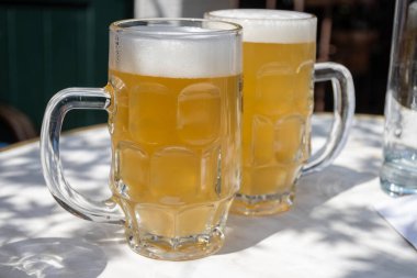 Belçika birası özel bardaklarda servis edilir Bruges 'deki eski bira fabrikasında, açık ya da koyu, lezzetli içecek, birayla öğle yemeği, turizm merkezi, Flanders, Belçika