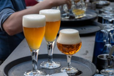 Belçika birası, Bruges 'deki eski bira fabrikasında servis edilir. Sert, lezzetli bir içecek, birayla öğle yemeği, turizm merkezi, Flanders, Belçika.