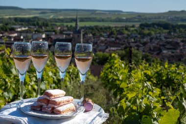 Beyaz ve gül tadım şarap brut, büyük rezerv, yeşil tepe üzüm bağlarında şampanya ve Vallee de la Marne 'da köy yapan eski şarap manzarası, şampanya, Fransa