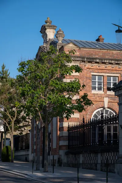 Şampanya Bulvarı 'nda gün batımında yürümek, Epernay, Fransa, cadde manzarası, ağaçlar, dekorasyonlar, gün ışığında şampanya evleri.