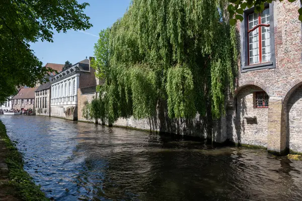 Bruges, Flanders, Belçika 'daki eski ortaçağ binalarının kanalı, köprüsü ve ön cepheleri güneşli bir günde gidilecek yer.