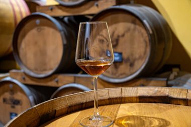 Eski büyük meşe fıçılarıyla şarap mahzenini ziyaret etmek, Marsala, Sicilya, İtalya ve şarap endüstrisindeki varillerden alınmış bir bardak güçlendirilmiş veya lezzetli marsala şarabı.
