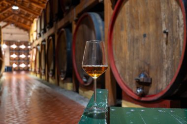 Eski büyük meşe fıçılarıyla şarap mahzenini ziyaret etmek, Marsala, Sicilya, İtalya ve şarap endüstrisindeki varillerden alınmış bir bardak güçlendirilmiş veya lezzetli marsala şarabı.