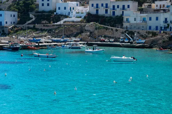 Levanzo, Egadi Adaları 'nın en küçüğü, Sicilya yakınlarında sakin bir inziva yeri, liman çevresindeki pitoresk köy, beyaz evler ve büyüleyici açık mavi su limanı, seyahat yeri, tekne gezisi.