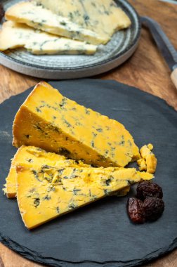 Peynir koleksiyonu, İngiliz ineği sütü yarı yumuşak, parçalanmış mavi ayaklık ve mavi sarı shropshire peyniri yakın, peynir tatma çiftliği