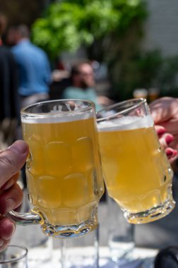 Belçika birası özel bardaklarda servis edilir Bruges 'deki eski bira fabrikasında, açık ya da koyu, lezzetli içecek, birayla öğle yemeği, turizm merkezi, Flanders, Belçika