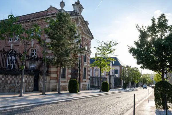 Şampanya Bulvarı 'nda gün batımında yürümek, Epernay, Fransa, cadde manzarası, ağaçlar, dekorasyonlar, gün ışığında şampanya evleri.