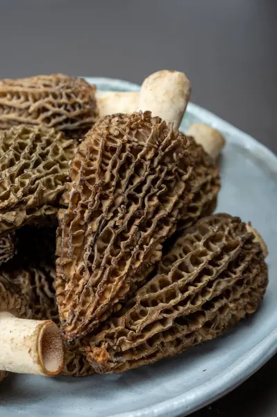 Çiğ bahar mantarları morşeller ya da gerçek mantarlar gurme aşçılar için yenilebilir kese mantarları, Katalan ve Fransız mutfağında, yenilebilir yabani mantarlar