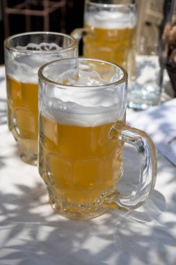 Belçika birası özel bardaklarda servis edilir Bruges 'deki eski bira fabrikasında, açık ya da koyu, lezzetli içecek, birayla öğle yemeği, turizm merkezi, Flanders, Belçika