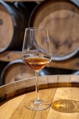 Eski büyük meşe fıçılarıyla şarap mahzenini ziyaret etmek, Marsala, Sicilya, İtalya ve şarap endüstrisindeki varillerden alınmış bir bardak güçlendirilmiş veya lezzetli marsala şarabı.