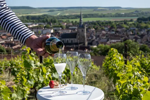 Kuru, köpüklü şarap brut, büyük rezervler, yeşil tepe üzüm bağlarında şampanya ve Vallee de la Marne, Fransa 'nın Şampanya Bölgesi' nde köy yapımı eski şaraplar.
