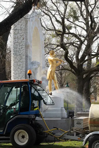Şehir parkında yürümek ve baharda Viyana 'da bahçeler, güzel binaları ve caddeleri olan şehir merkezi, şehir manzarası, ilkbaharda Avusturya başkenti, ağaçlar ve çiçekler.