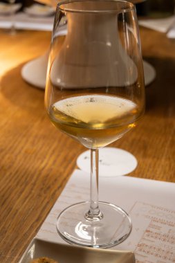 Eski büyük meşe fıçılarıyla şarap mahzeni ziyareti, güçlendirilmiş kuru veya tatlı marsala şarabı ile tatma bardakları Marsala, Sicilya, İtalya 'da şarap endüstrisi