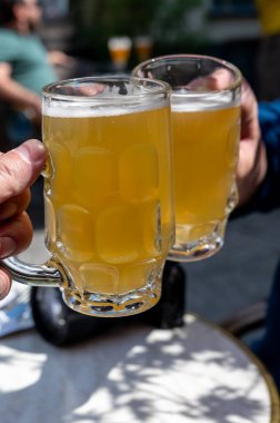 Belçika birası özel bardaklarda servis edilir Bruges 'deki eski bira fabrikasında, açık ya da koyu, lezzetli içecek, birayla öğle yemeği, turizm merkezi, Flanders, Belçika