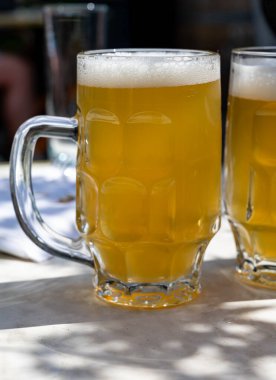 Belçika birası özel bardaklarda servis edilir Bruges 'deki eski bira fabrikasında, açık ya da koyu, lezzetli içecek, birayla öğle yemeği, turizm merkezi, Flanders, Belçika