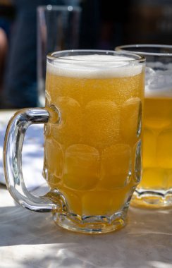 Belçika birası özel bardaklarda servis edilir Bruges 'deki eski bira fabrikasında, açık ya da koyu, lezzetli içecek, birayla öğle yemeği, turizm merkezi, Flanders, Belçika