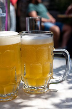 Belçika birası özel bardaklarda servis edilir Bruges 'deki eski bira fabrikasında, açık ya da koyu, lezzetli içecek, birayla öğle yemeği, turizm merkezi, Flanders, Belçika