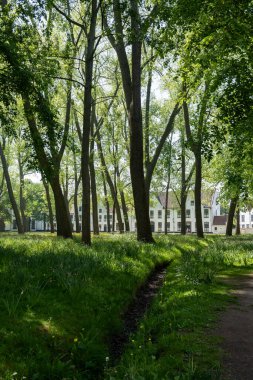 Bruges, Flanders 'da dantel ören rahibeler için ortaçağ manastırı, küçük beyaz evler ve Belçika' nın manastır duvarları içinde bir park.