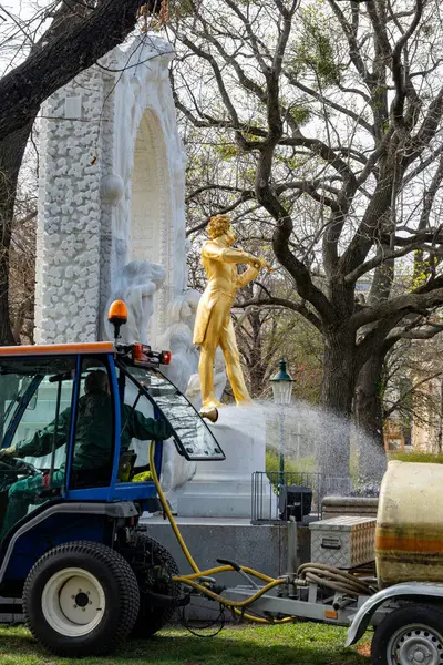 Şehir parkında yürümek ve baharda Viyana 'da bahçeler, güzel binaları ve caddeleri olan şehir merkezi, şehir manzarası, ilkbaharda Avusturya başkenti, ağaçlar ve çiçekler.